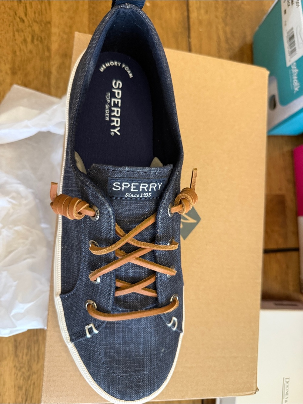 Sperry Navy Canvas Boat Shoe with Brown Laces